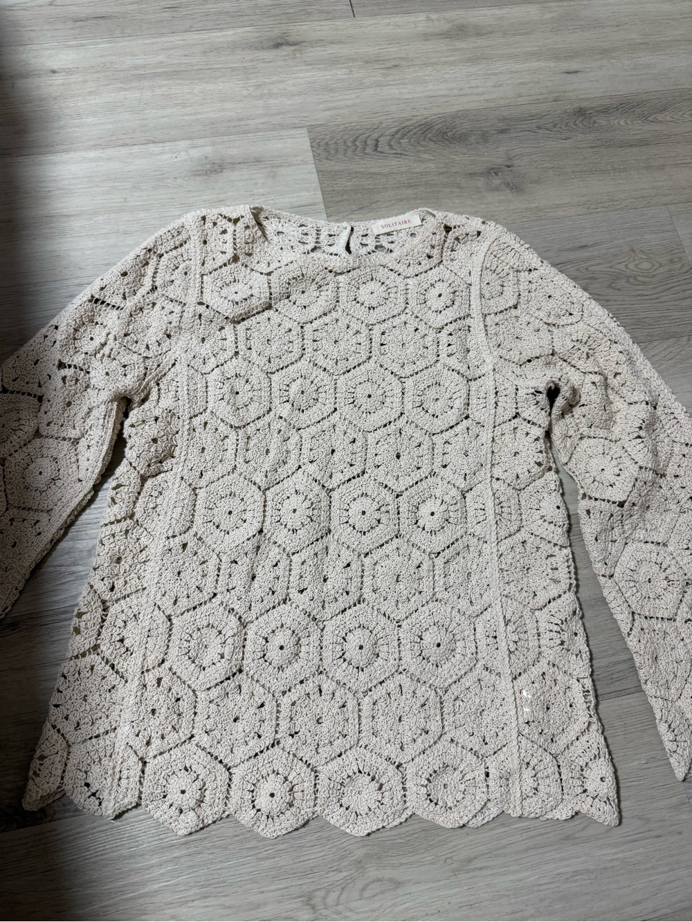 Solitaire Cream Crochet Long Flare Sleeve Pullover Sweater Bohemian Womens Sz L